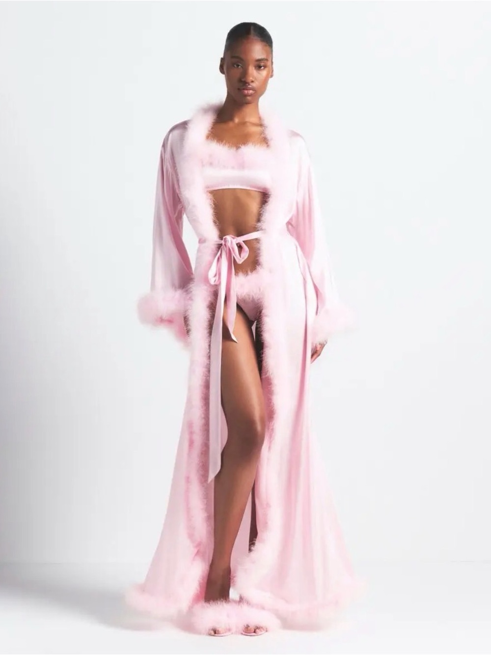 SKIMS Silk Feather Trim Long Robe – Cherry Blossom – Size Large -New